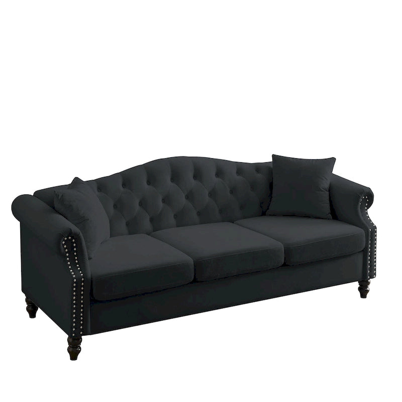 [Vidéo] Canapé Chesterfield 79 en velours noir pour salon, canapé 3 places touffeté avec accoudoirs roulés et têtes de clous pour le salon