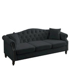 [Vidéo] Canapé Chesterfield 79 en velours noir pour salon, canapé 3 places touffeté avec accoudoirs roulés et têtes de clous pour le salon
