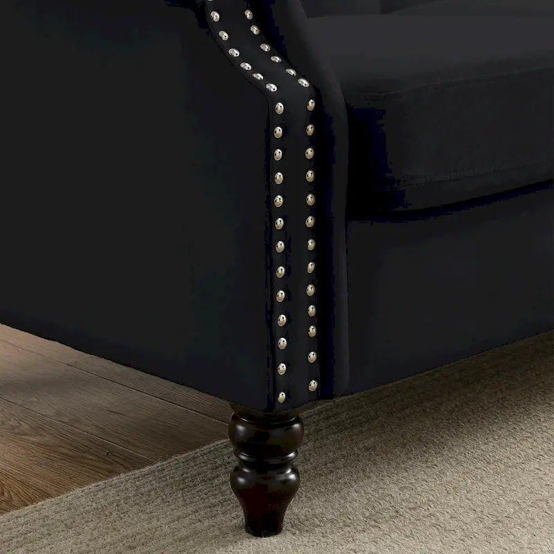 [Vidéo] Canapé Chesterfield 79 en velours noir pour salon, canapé 3 places touffeté avec accoudoirs roulés et têtes de clous pour le salon