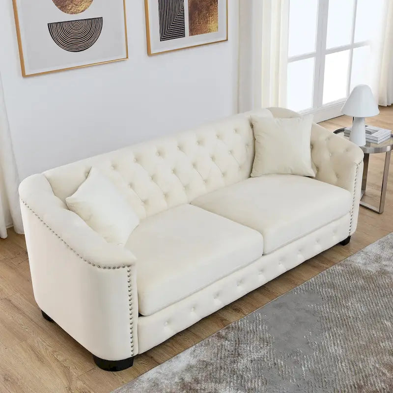 Canapé chesterfield moderne en velours de 77 pouces, canapé 3 places, dossiers touffetés rembourrés avec accoudoirs cloutés et 2 coussins pour le salon
