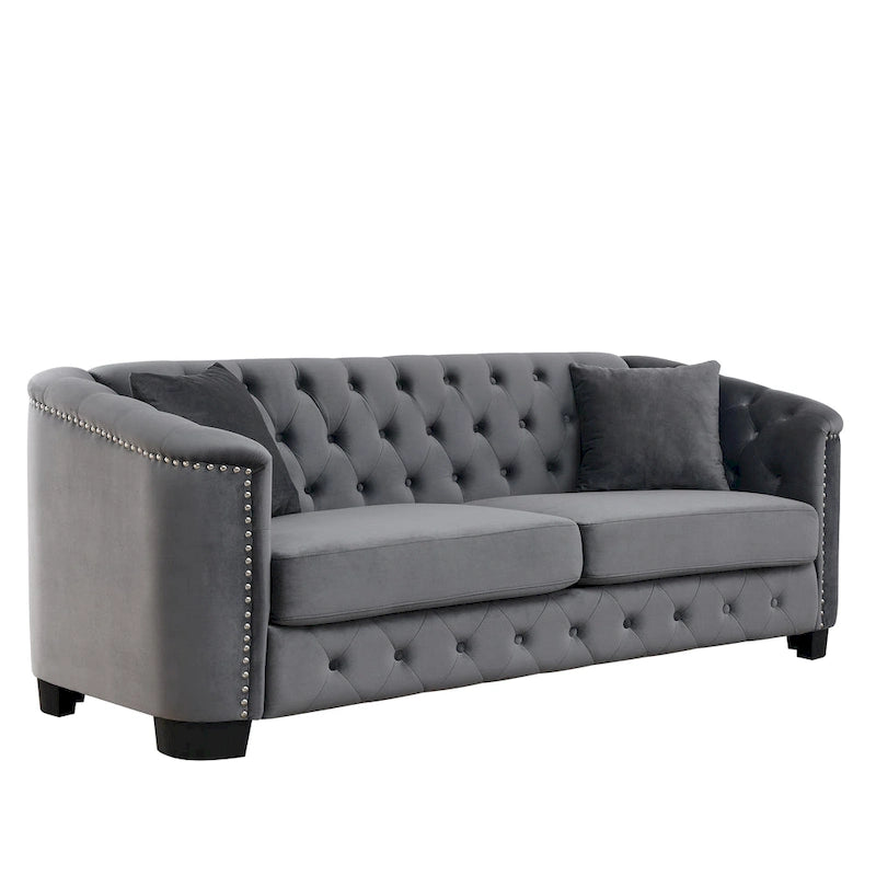 Canapé chesterfield moderne en velours de 77 pouces, canapé 3 places, dossiers touffetés rembourrés avec accoudoirs cloutés et 2 coussins pour le salon