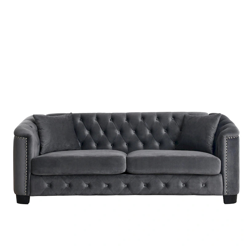 Canapé chesterfield moderne en velours de 77 pouces, canapé 3 places, dossiers touffetés rembourrés avec accoudoirs cloutés et 2 coussins pour le salon