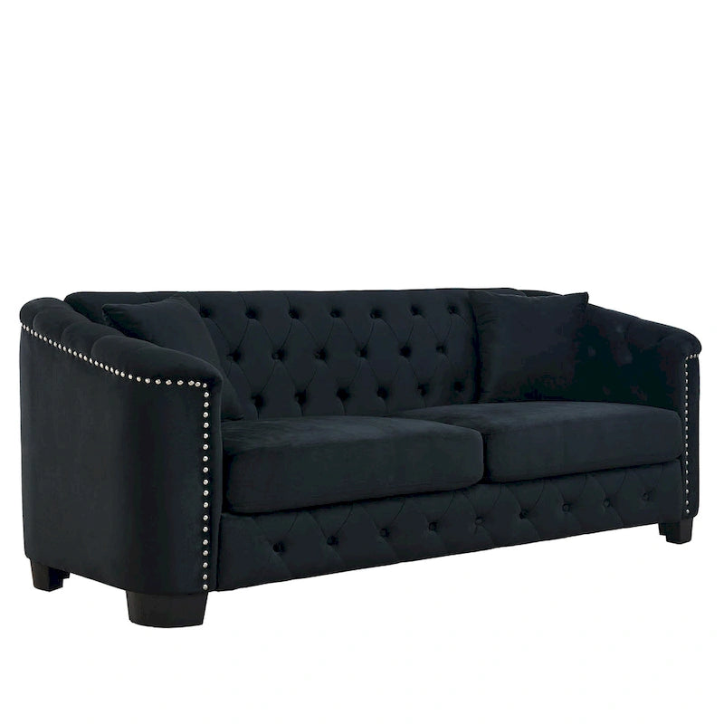 Canapé chesterfield moderne en velours de 77 pouces, canapé 3 places, dossiers touffetés rembourrés avec accoudoirs cloutés et 2 coussins pour le salon