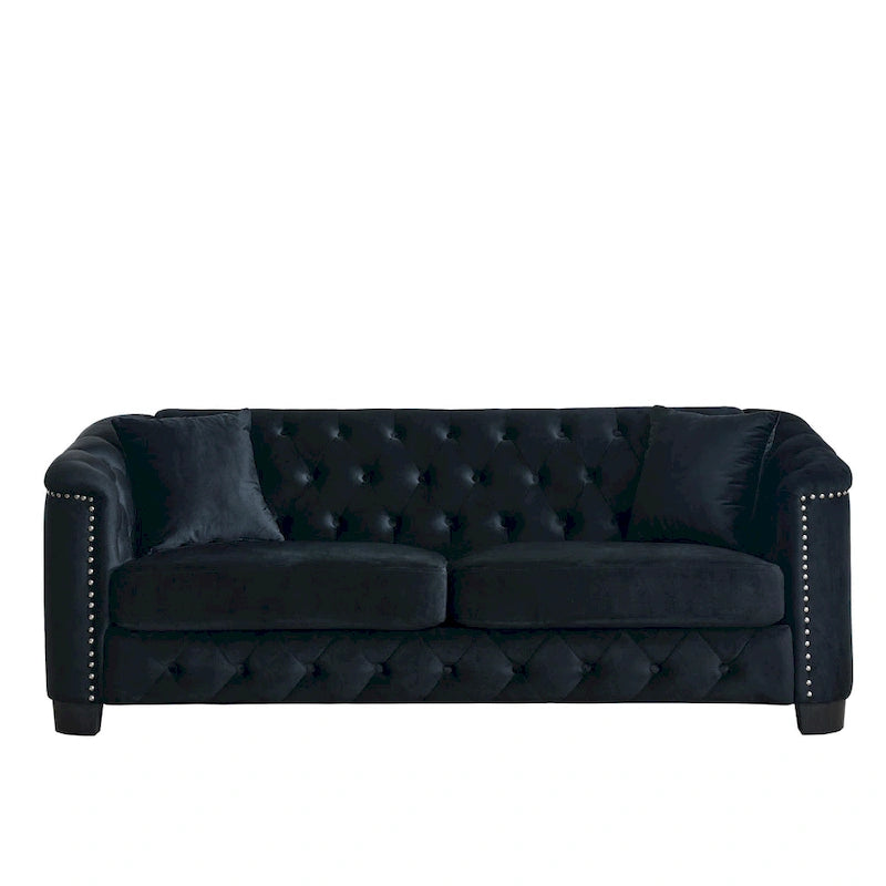 Canapé chesterfield moderne en velours de 77 pouces, canapé 3 places, dossiers touffetés rembourrés avec accoudoirs cloutés et 2 coussins pour le salon