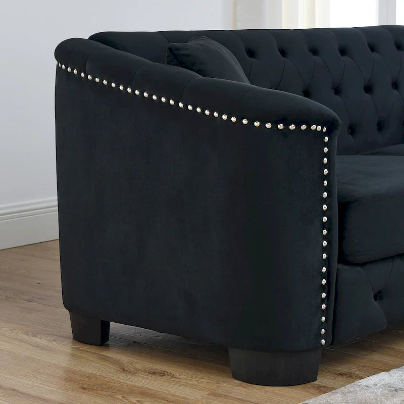 Canapé chesterfield moderne en velours de 77 pouces, canapé 3 places, dossiers touffetés rembourrés avec accoudoirs cloutés et 2 coussins pour le salon