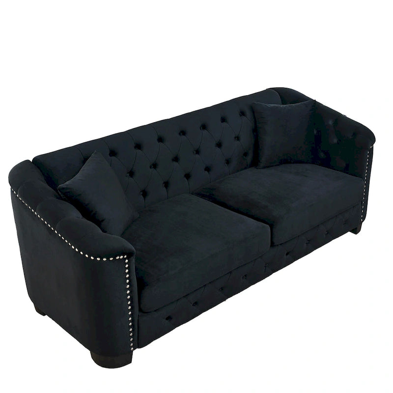Canapé chesterfield moderne en velours de 77 pouces, canapé 3 places, dossiers touffetés rembourrés avec accoudoirs cloutés et 2 coussins pour le salon