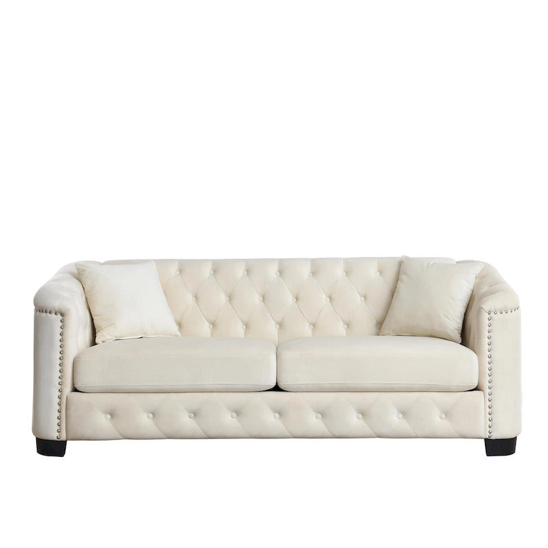 Canapé chesterfield moderne en velours de 77 pouces, canapé 3 places, dossiers touffetés rembourrés avec accoudoirs cloutés et 2 coussins pour le salon