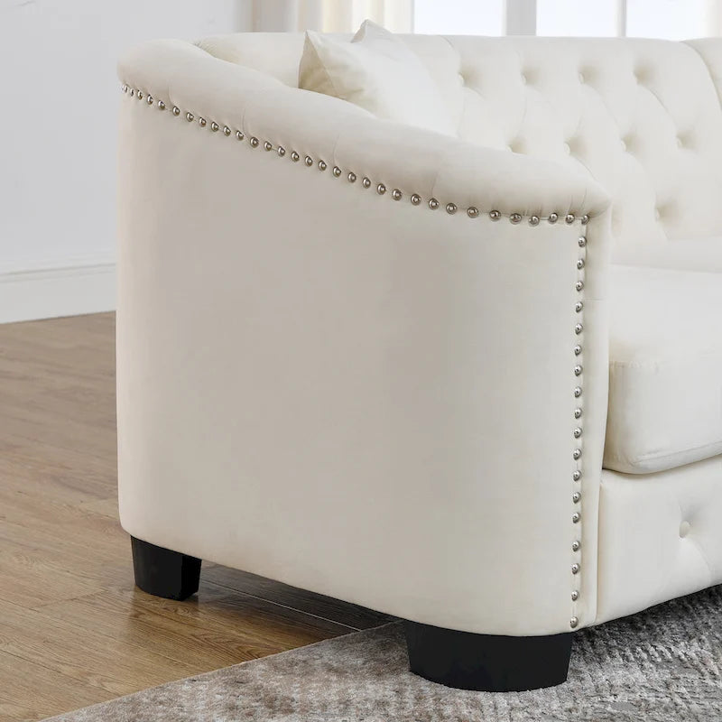 Canapé chesterfield moderne en velours de 77 pouces, canapé 3 places, dossiers touffetés rembourrés avec accoudoirs cloutés et 2 coussins pour le salon