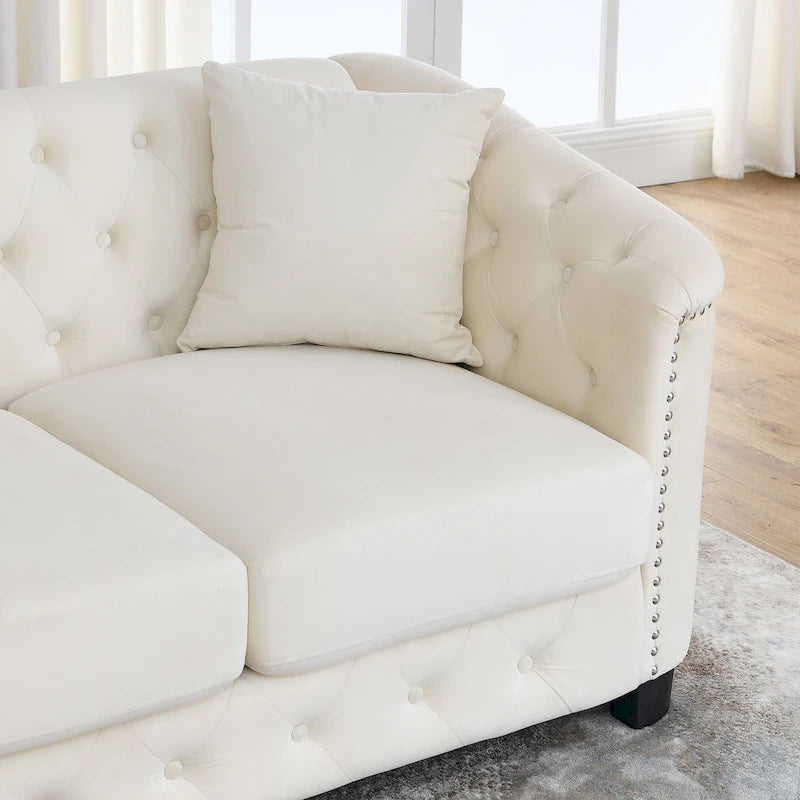 Canapé chesterfield moderne en velours de 77 pouces, canapé 3 places, dossiers touffetés rembourrés avec accoudoirs cloutés et 2 coussins pour le salon