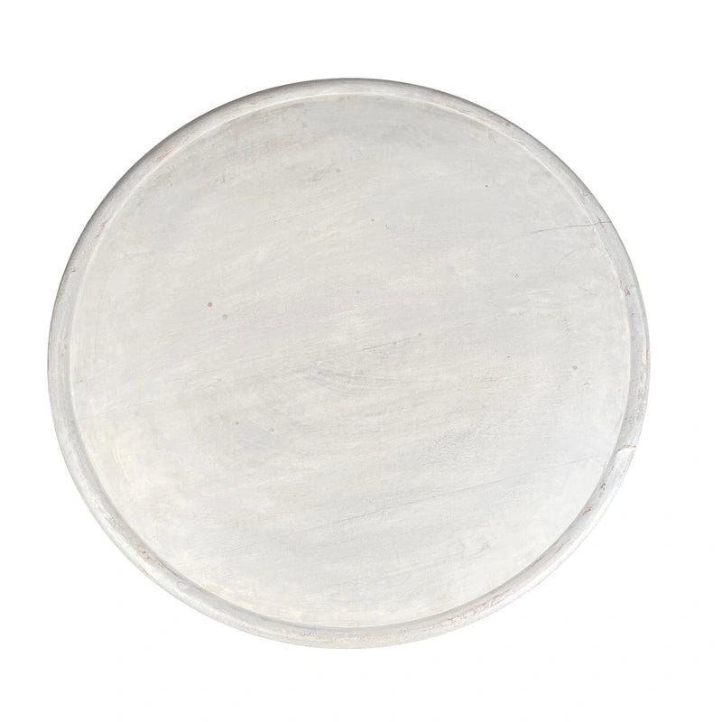 Table basse ronde artisanale Cato de 28 pouces en bois de manguier, cadre découpé en treillis de losanges complexes, blanc délavé