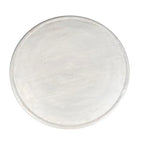 Table basse ronde artisanale Cato de 28 pouces en bois de manguier, cadre découpé en treillis de losanges complexes, blanc délavé