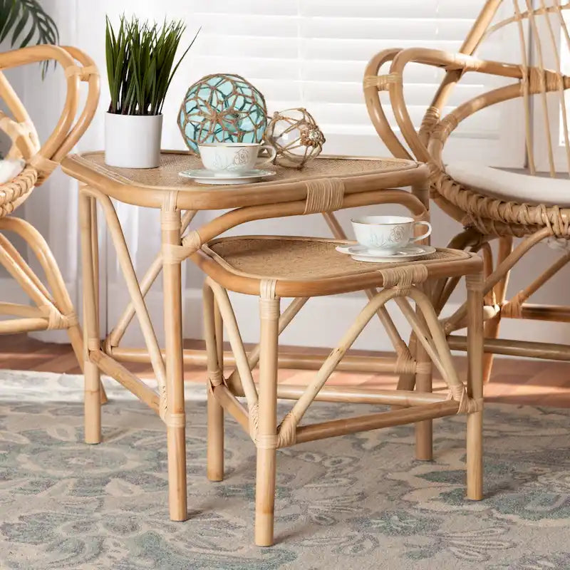 Lot de 2 tables d'appoint Jayden en rotin de couleur marron naturel