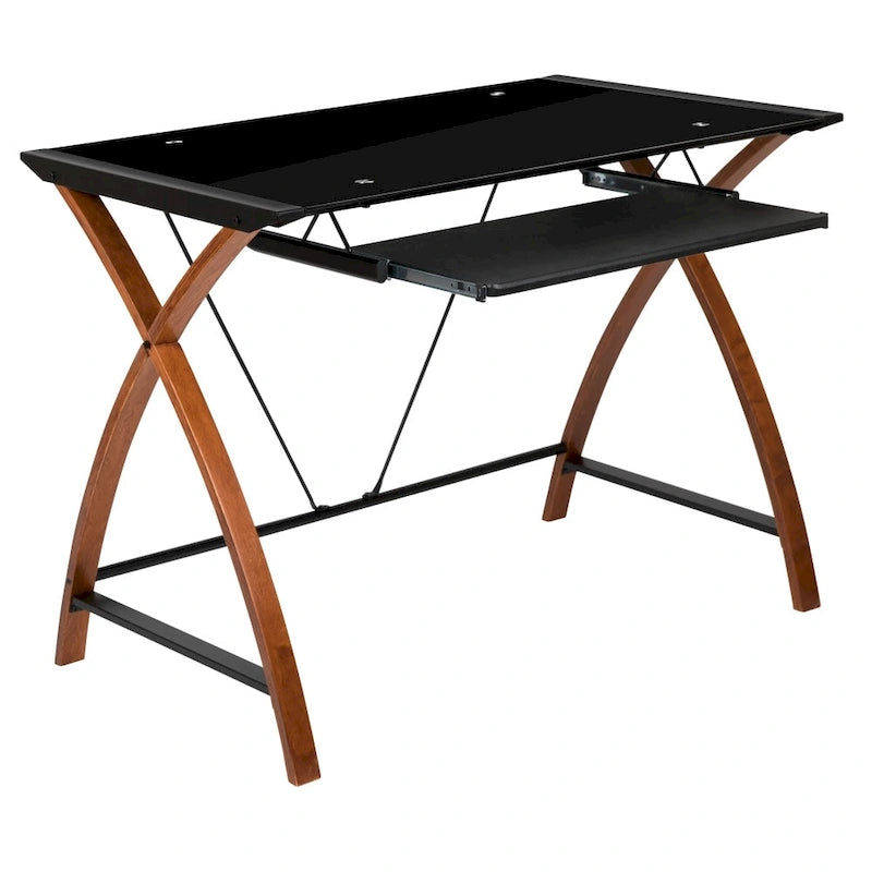 Bureau d'ordinateur moderne avec plateau en verre et tablette coulissante pour clavier