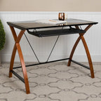 Bureau d'ordinateur moderne avec plateau en verre et tablette coulissante pour clavier