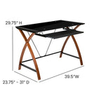 Bureau d'ordinateur moderne avec plateau en verre et tablette coulissante pour clavier