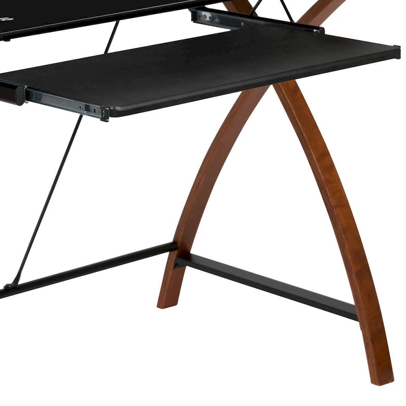 Bureau d'ordinateur moderne avec plateau en verre et tablette coulissante pour clavier