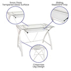 Bureau d'ordinateur moderne avec plateau en verre et tablette coulissante pour clavier