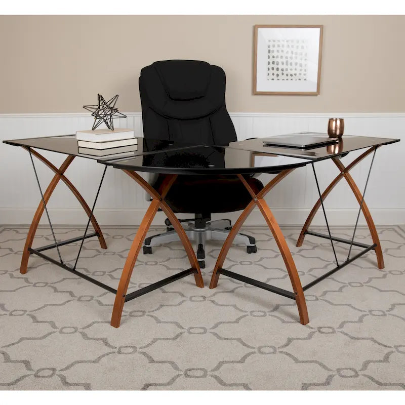 Bureau d'angle en L en verre pour ordinateur avec plateau de clavier coulissant