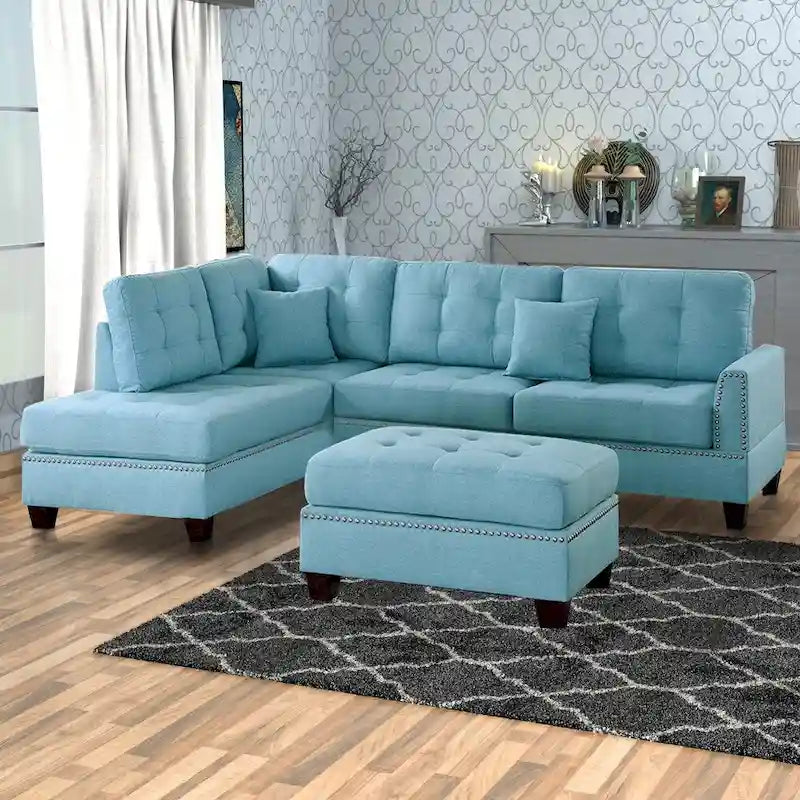 Canapé d'angle 3 places Polyfiber avec coussin moelleux bleu