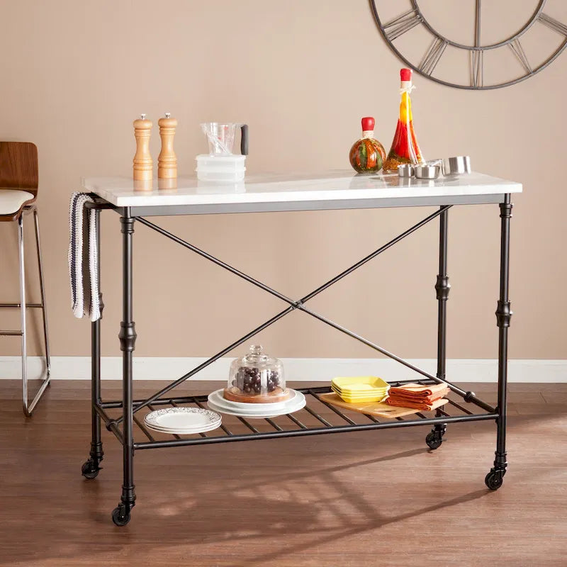 Îlot de cuisine roulant en faux marbre noir SEI Furniture