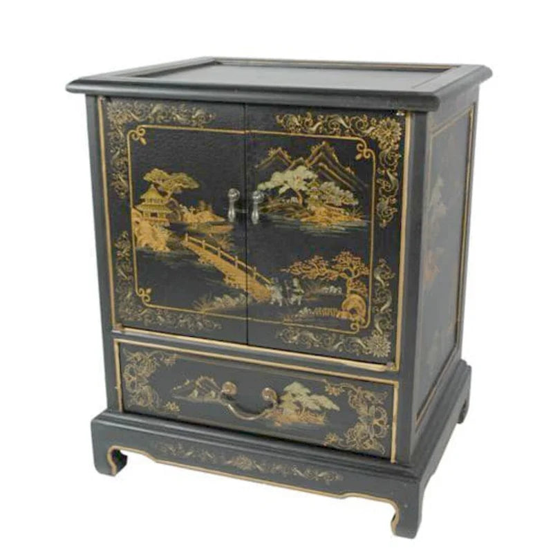Table d'appoint chinoise laquée vintage fabriquée à la main, motif paysage - 20,00 L x 16,00 P x 24,50 H