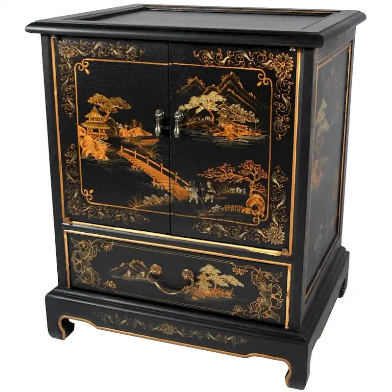 Table d'appoint chinoise laquée vintage fabriquée à la main, motif paysage - 20,00 L x 16,00 P x 24,50 H