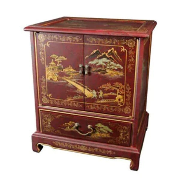 Table d'appoint chinoise laquée vintage fabriquée à la main, motif paysage - 20,00 L x 16,00 P x 24,50 H