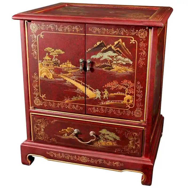Table d'appoint chinoise laquée vintage fabriquée à la main, motif paysage - 20,00 L x 16,00 P x 24,50 H