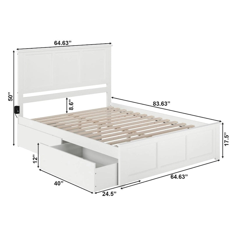 Lit plateforme Madison White Queen avec 2 tiroirs