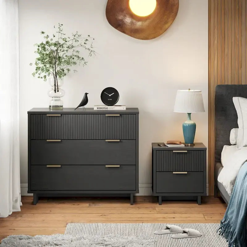 Ensemble commode et table de chevet 2 pièces Granville en bois massif moderne