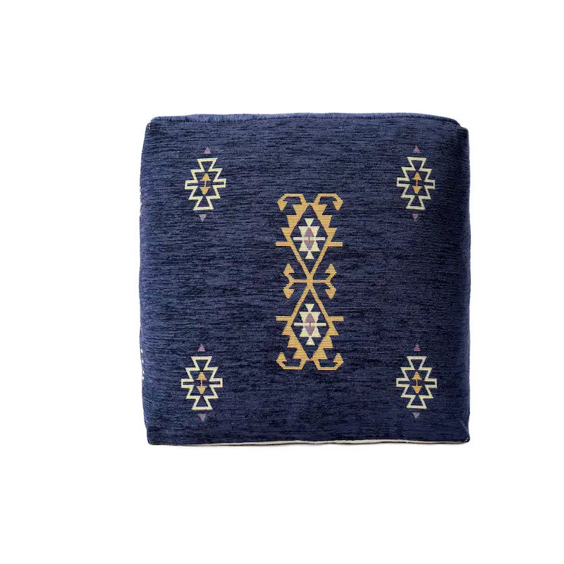 Pouf Sevita en mélange de polyester, motifs damassés traditionnels, marine/moutarde