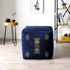 Pouf Sevita en mélange de polyester, motifs damassés traditionnels, marine/moutarde