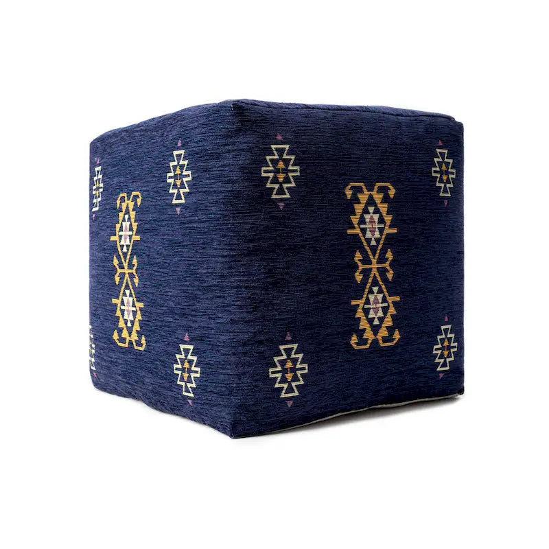 Pouf Sevita en mélange de polyester, motifs damassés traditionnels, marine/moutarde