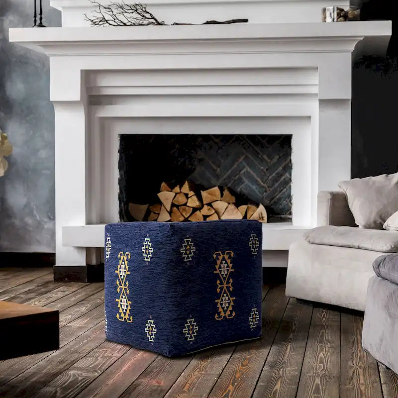 Pouf Sevita en mélange de polyester, motifs damassés traditionnels, marine/moutarde