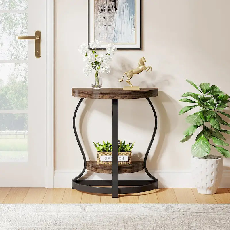 Table d'appoint demi-ronde, table d'appoint demi-lune en bois à 2 niveaux petite table d'appoint semi-circulaire