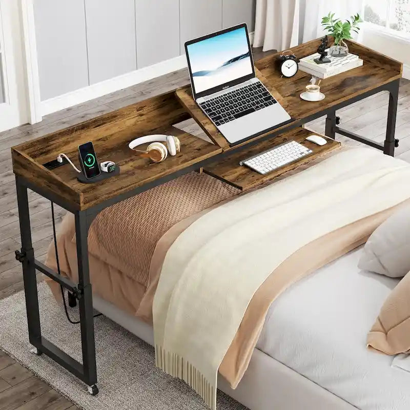 Table de lit réglable en hauteur avec roulettes, Chariot mobile pour ordinateur portable avec prises et ports USB