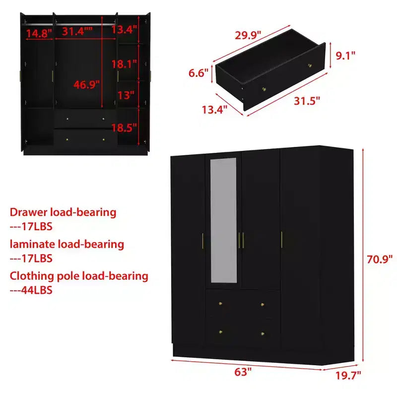 Famapy Armoire Moderne avec Miroir Rangement de Penderie: Barres Robustes, Tiroirs Coulissants Pratique et Élégante