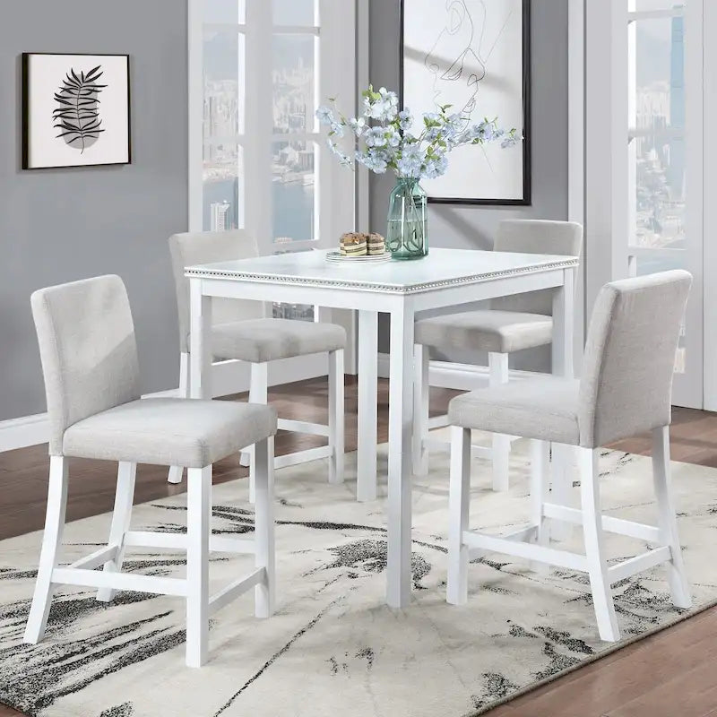 Ensemble de salle à manger moderne 5 pièces avec table carrée hauteur comptoir et 4 chaises rembourrées