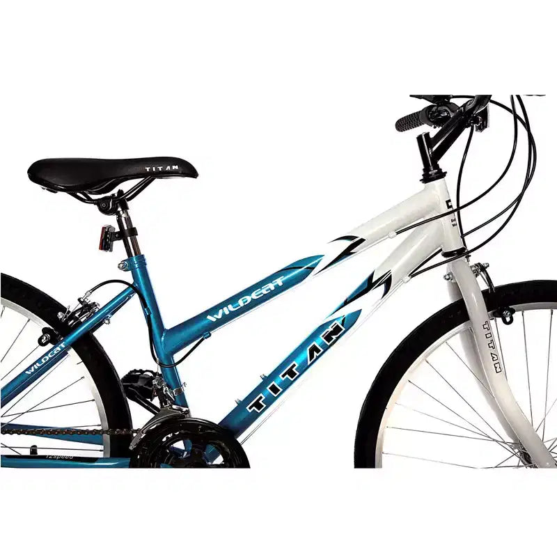 Vélo tout-terrain femme Titan Bikes Wildcat 12 vitesses avec hauteur de selle réglable, bleu/blanc