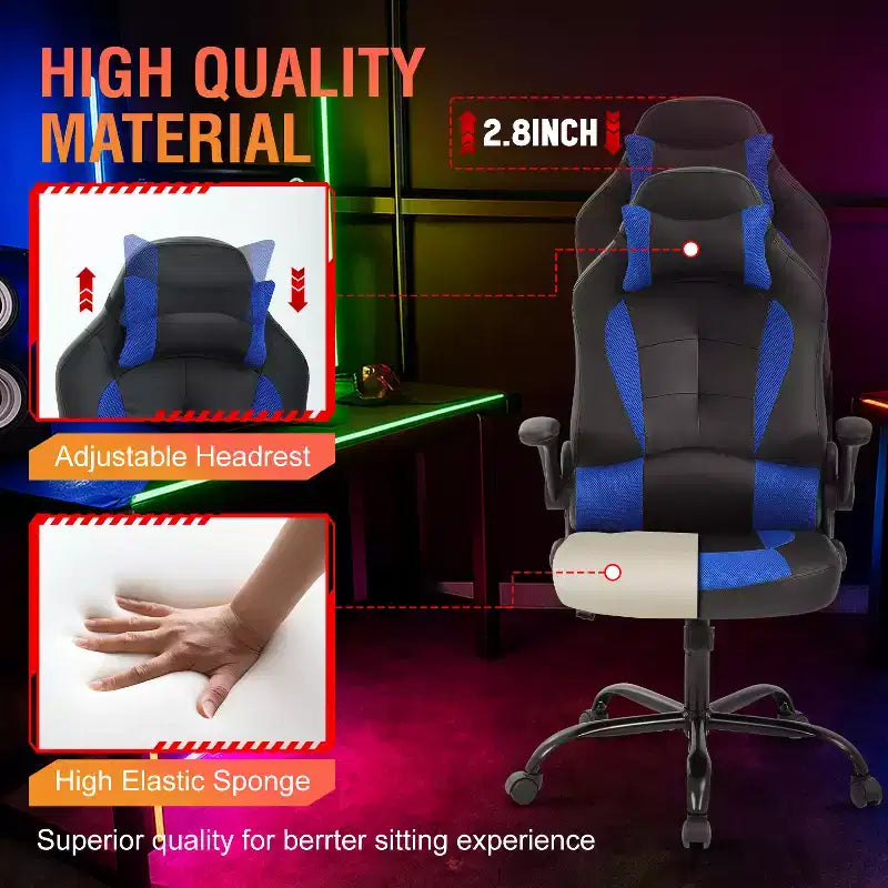 FDW Fauteuil de bureau de jeu Chaise de bureau avec support lombaire Accoudoirs relevables Appuie-tête