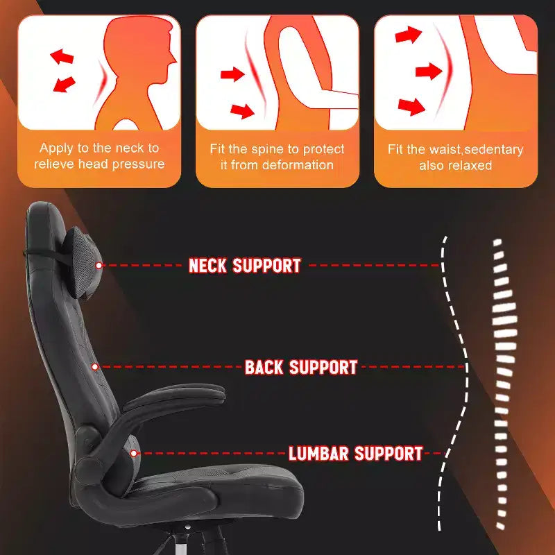 FDW Fauteuil de bureau de jeu Chaise de bureau avec support lombaire Accoudoirs relevables Appuie-tête