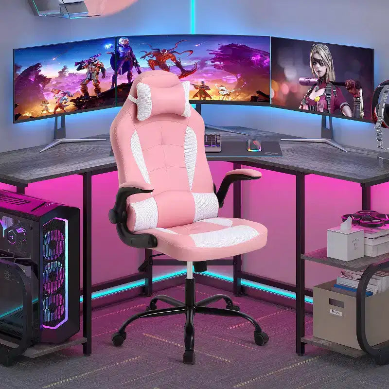 FDW Fauteuil de bureau de jeu Chaise de bureau avec support lombaire Accoudoirs relevables Appuie-tête