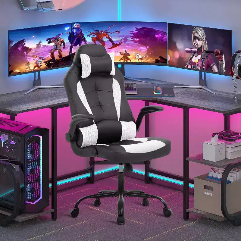 FDW Fauteuil de bureau de jeu Chaise de bureau avec support lombaire Accoudoirs relevables Appuie-tête