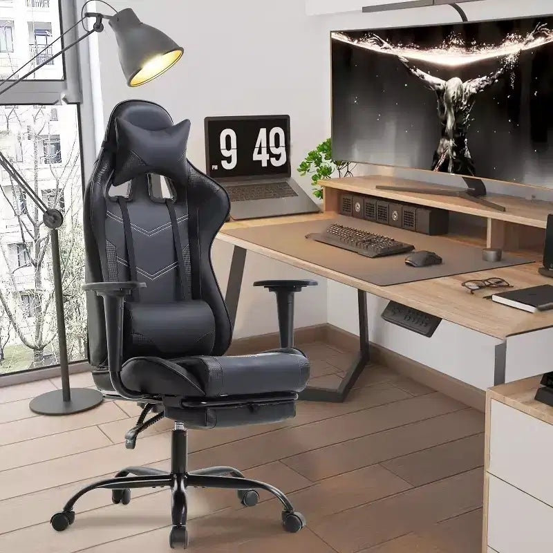 FDW Chaise de Bureau Gaming Fauteuil de Bureau Chaise de Direction Ergonomique en Cuir PU à Dossier Haut avec Support Lombaire et Repose-Pieds