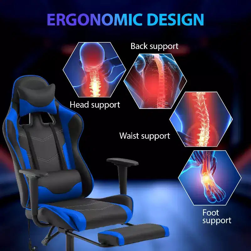 FDW Chaise de jeu de course, Chaises de jeu vidéo avec bureau d'ordinateur, Support lombaire et appui-tête en cuir PU, Siège pivotant à 360°