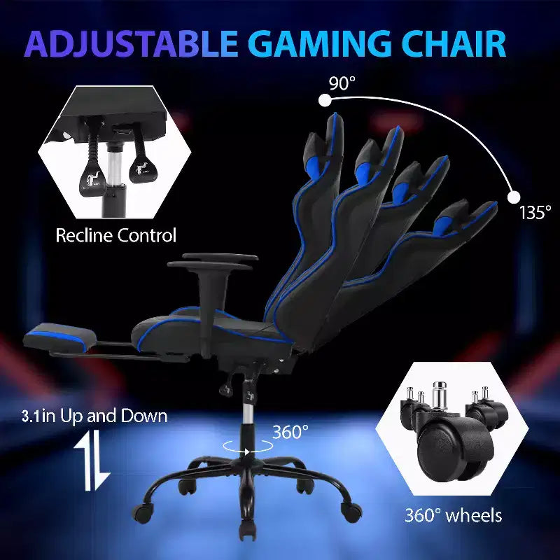 FDW Chaise de jeu de course, Chaises de jeu vidéo avec bureau d'ordinateur, Support lombaire et appui-tête en cuir PU, Siège pivotant à 360°