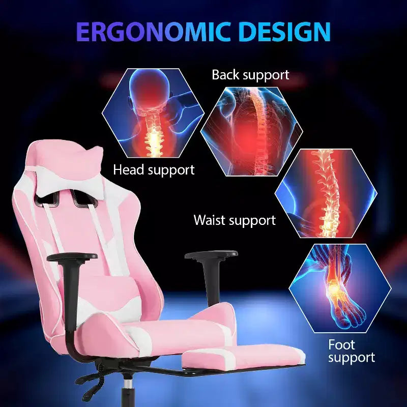 FDW Chaise de jeu de course, Chaises de jeu vidéo avec bureau d'ordinateur, Support lombaire et appui-tête en cuir PU, Siège pivotant à 360°