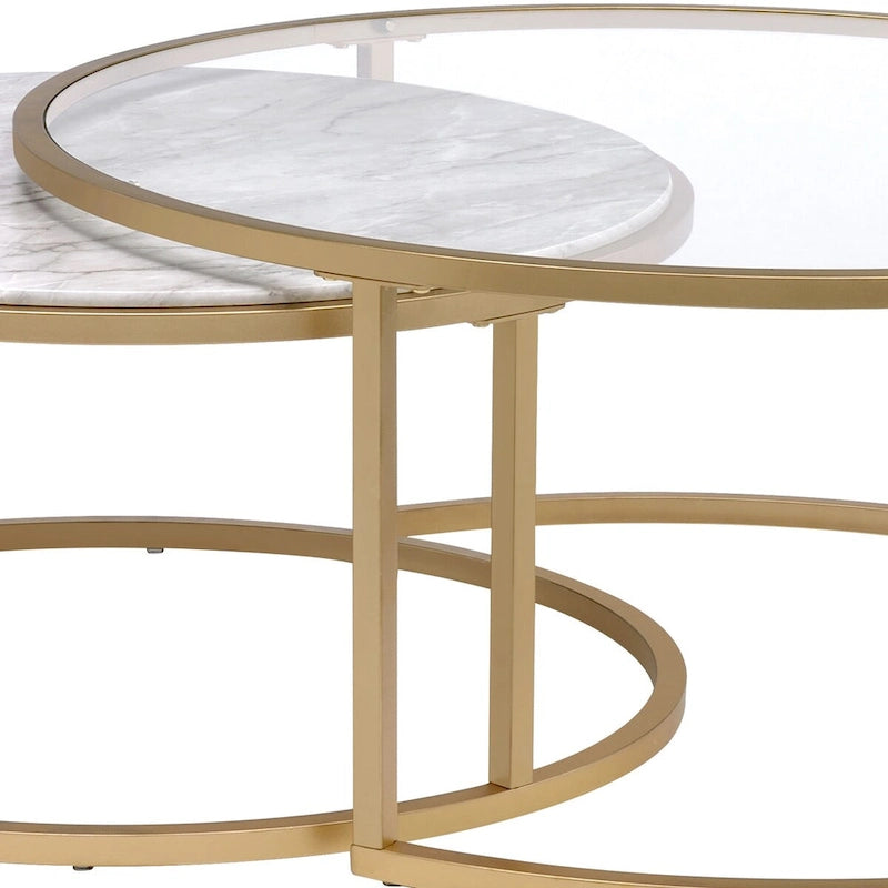 Tables basses gigognes à cadre métallique avec plateaux en verre et marbre, lot de deux, doré - 15,75 H x 36 L x 36 P pouces
