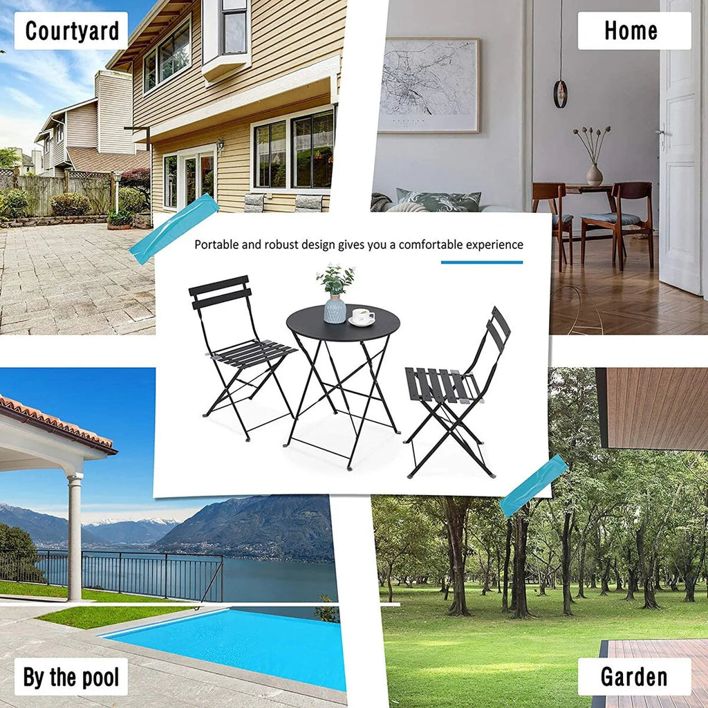 Ensemble bistro pliant 3 pièces en métal, ensemble de conversation intérieur/extérieur résistant aux intempéries pour patio, cour, jardin