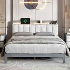 Lit plateforme avec station de recharge USB et tête de lit rembourrée de rangement, cadre de lit LED, sommier tapissier non requis